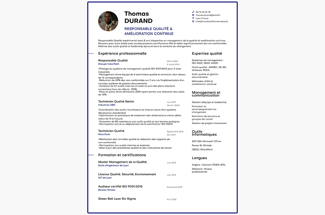 exemple de CV de responsable qualité